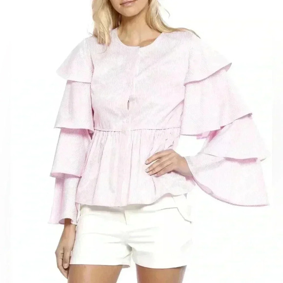 NWOT Walter Baker JORDAN TOP Blouse Pink Stripe Cotton Button Down Ruffle XS - Picture 1 of 8